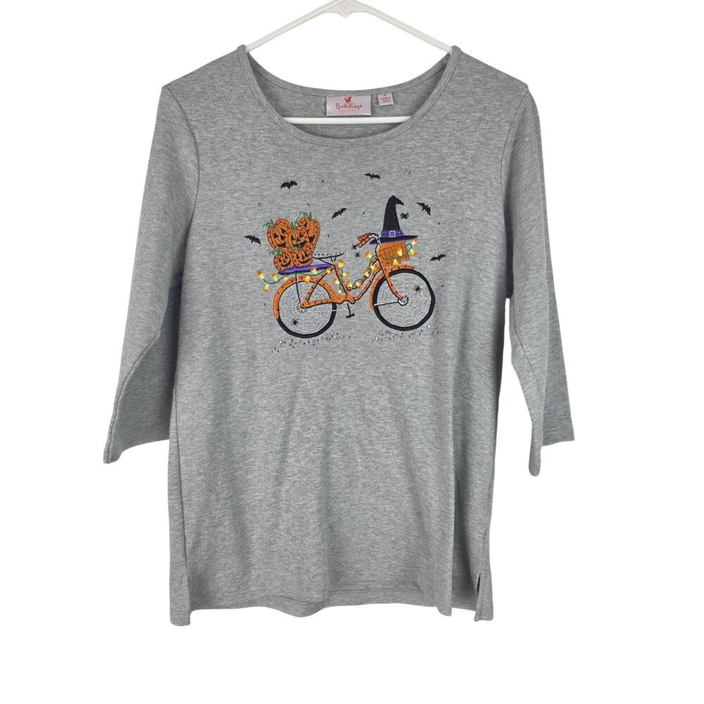 Quacker Factory Halloween Top S Womens Sparkly Pumpkin Bats Embroidered Gray